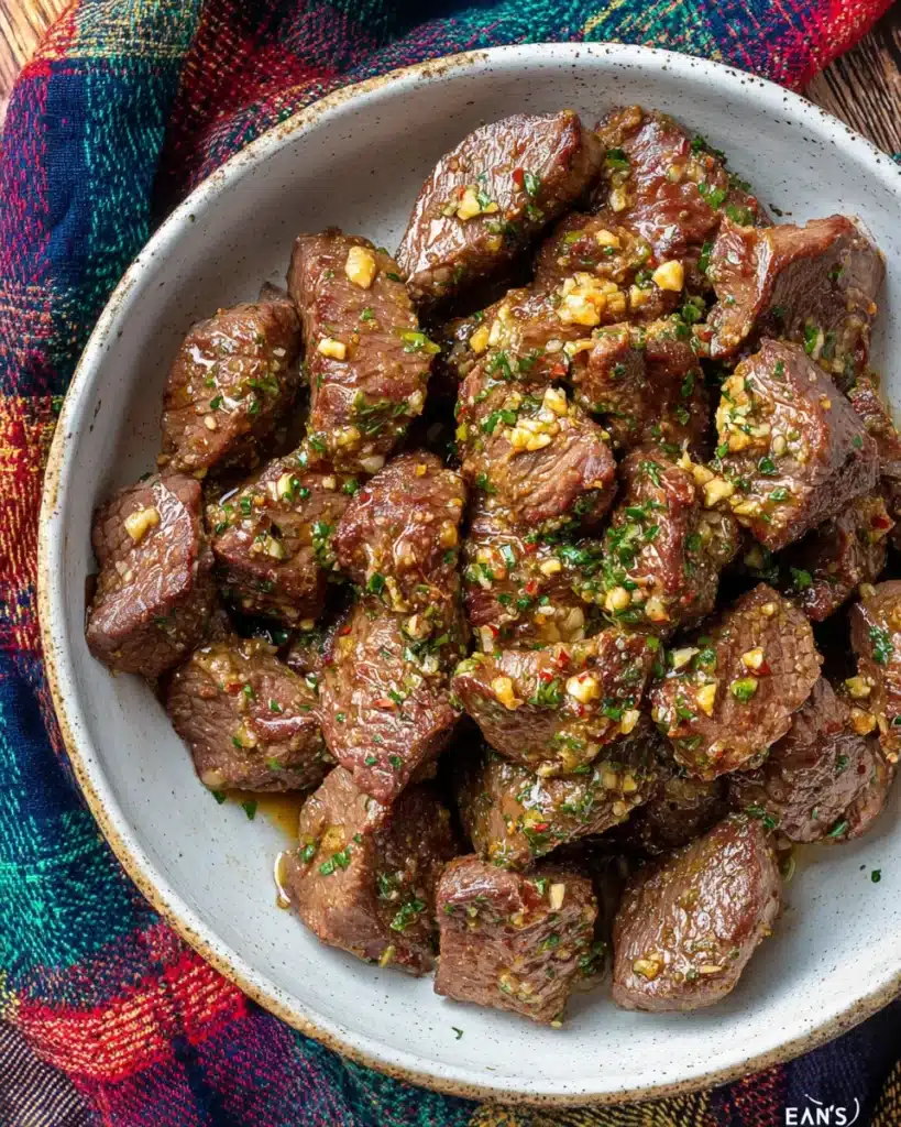 Garlic butter steak bites served in a rustic ceramic bowl over a colorful cloth

