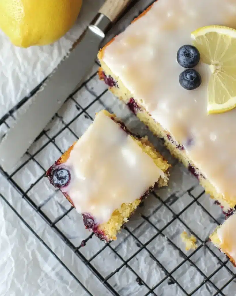 Lemon Blueberry Sheet Cake That Tastes Like Summer 11 Top-down view of lemon blueberry sheet cake with glaze and fruit garnish on cooling rack