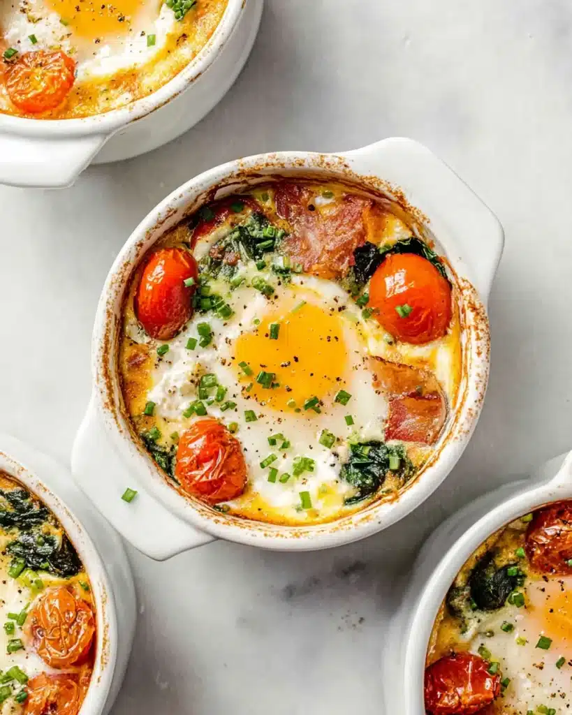 Feta Eggs – Easy Baked Breakfast Packed with Flavor 10 Freshly baked feta eggs in white ramekins with tomatoes, spinach, and herbs on a light linen background.