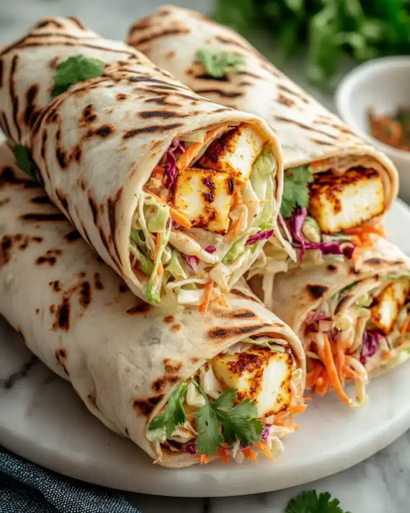 10 Easy Tortilla Wrap Recipes for Quick Lunches 9 Grilled halloumi tortilla wraps with shredded cabbage, carrot slaw, and cilantro on a marble plate.