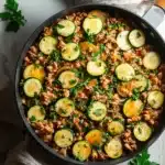 Ground Turkey and Zucchini Skillet (One-Pan Dinner in 35 Minutes) 6 Skillet of ground turkey and zucchini in tomato sauce, topped with parsley