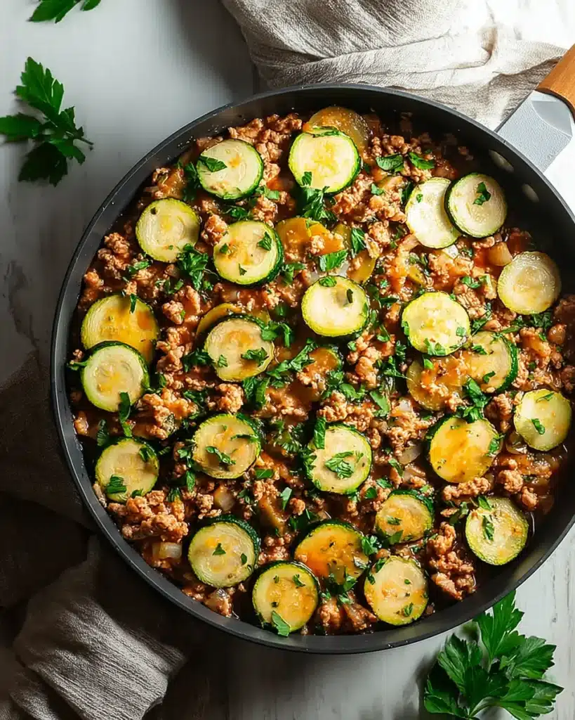 Skillet of ground turkey and zucchini in tomato sauce, topped with parsley