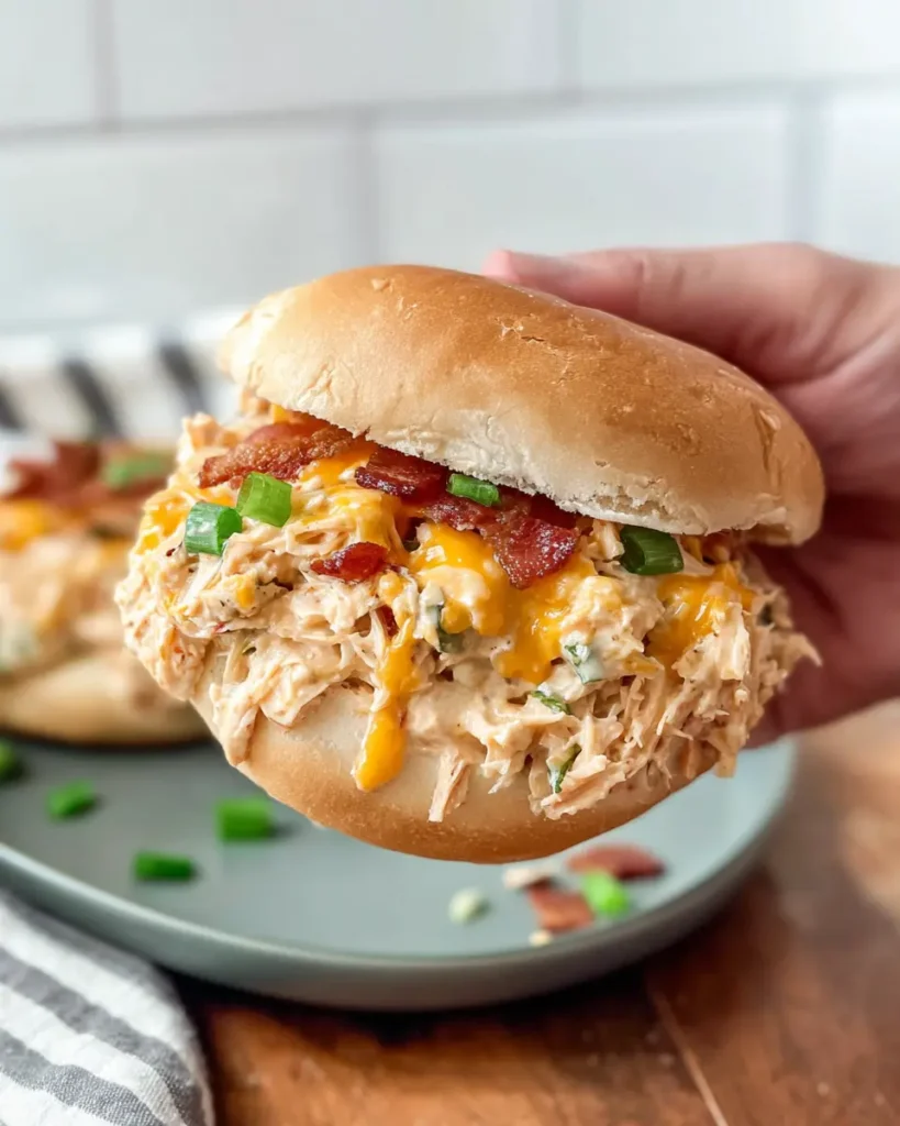 Creamy Crockpot Crack Chicken 5 Hand holding a creamy crack chicken sandwich with melted cheese, bacon, and green onions