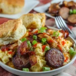 Breakfast Gumbo – Southern Grits Bowl with Sausage & Eggs 9 Southern breakfast gumbo bowl with scrambled eggs, sausage, crispy bacon, grits cake, and biscuit