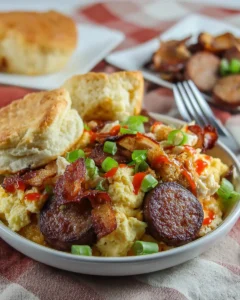 Southern breakfast gumbo bowl with scrambled eggs, sausage, crispy bacon, grits cake, and biscuit