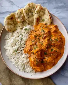 Creamy homemade butter chicken served with white rice and naan bread on a ceramic plate