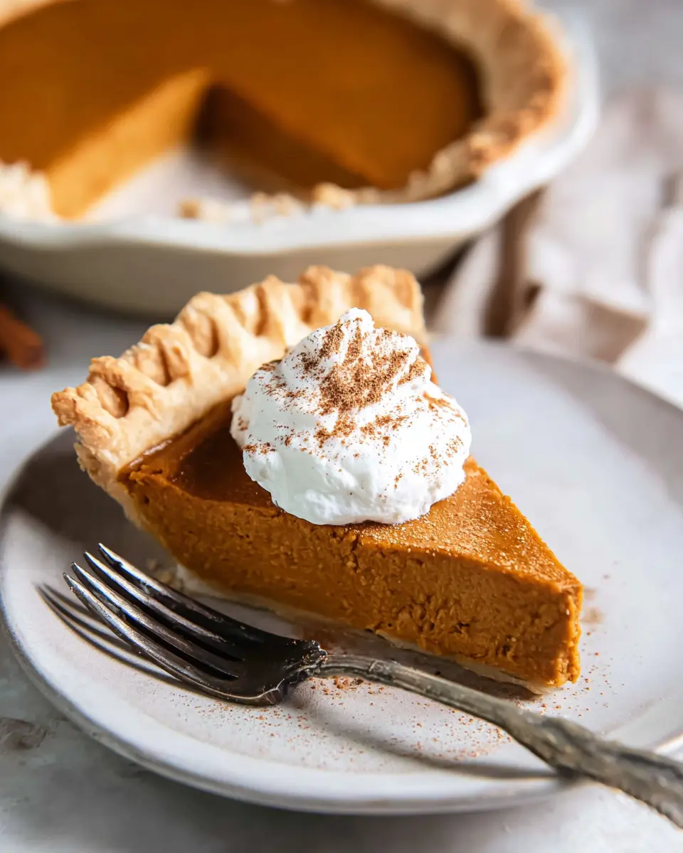 Silky slice of pumpkin pie with whipped cream and flaky crust on a white plate with cinnamon dusting