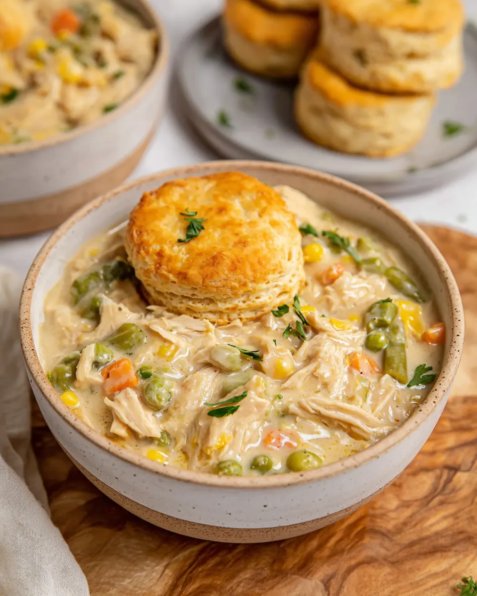 Creamy chicken pot pie filling in a bowl topped with a golden biscuit, with vegetables like carrots and peas in a rich gravy.