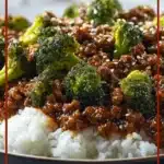 Honey Garlic Ground Beef and Broccoli – Quick Weeknight Stir-Fry 9 Honey garlic ground beef and broccoli stir-fry over white rice with sesame seeds and glossy garlic sauce