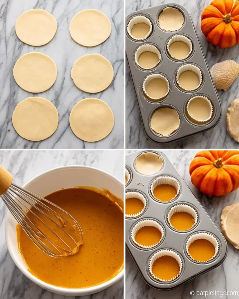 Mini Pumpkin Pies (Perfectly Spiced & Bite-Sized for the Holidays) 9 Step-by-step collage showing crust cutting, tin prep, pumpkin pie filling, and muffin filled cups