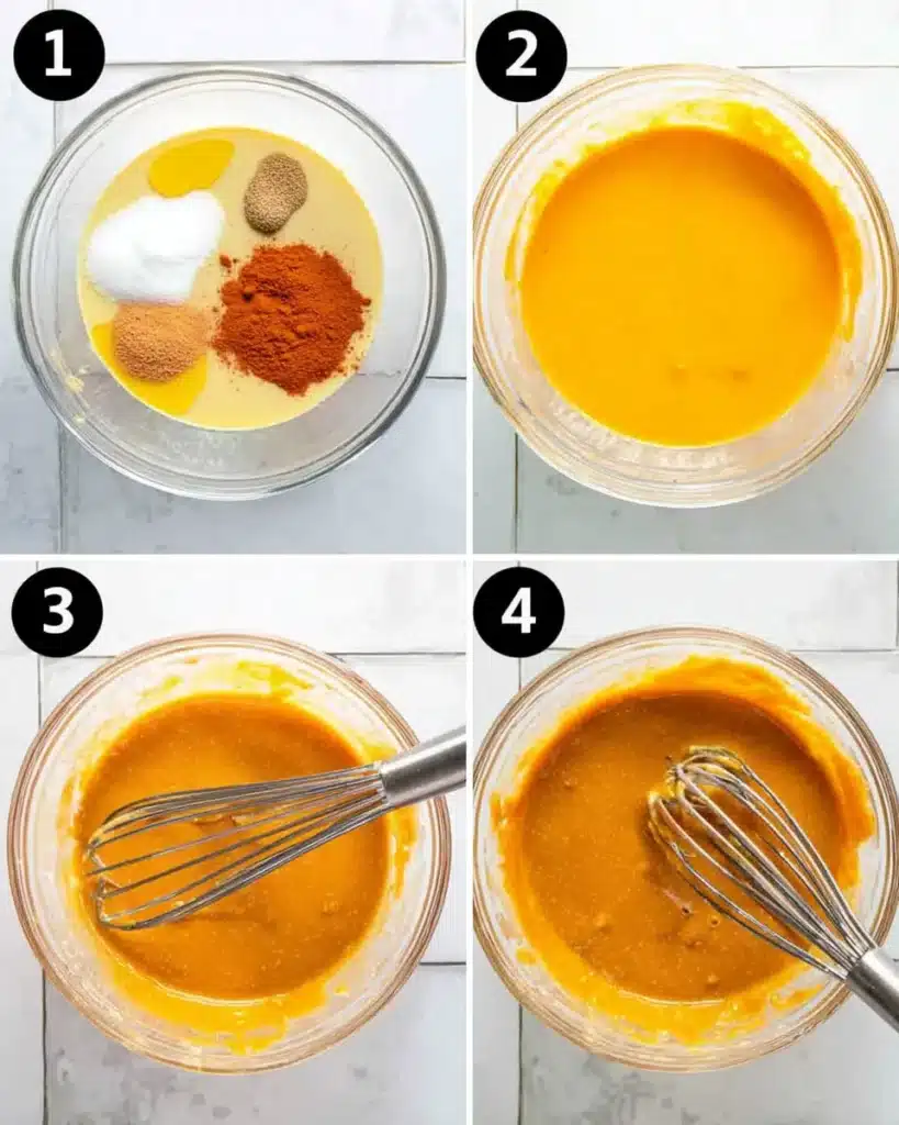 Pumpkin Pie with Sweetened Condensed Milk | Remarkable Creamy Favorite 9 Step-by-step collage showing how to mix pumpkin pie filling with eggs, spices, and condensed milk