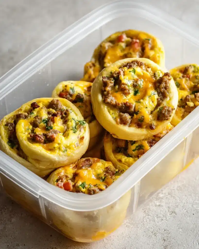 Breakfast rolls with sausage, egg, and cheese stored in a clear plastic container on a kitchen counter

