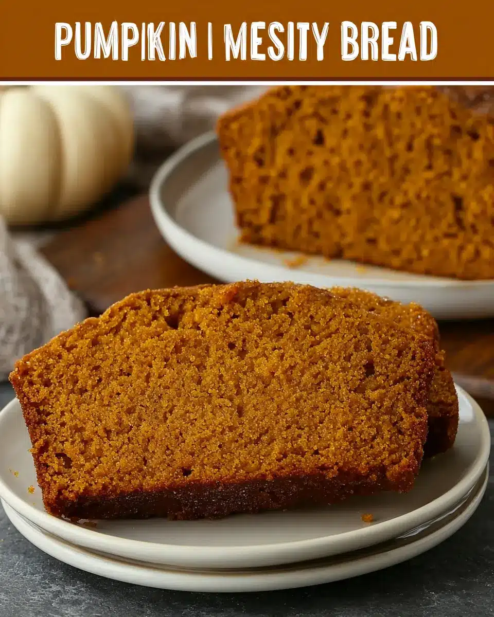 Moist pumpkin bread slices on a plate with a rich crumb texture and warm autumn background