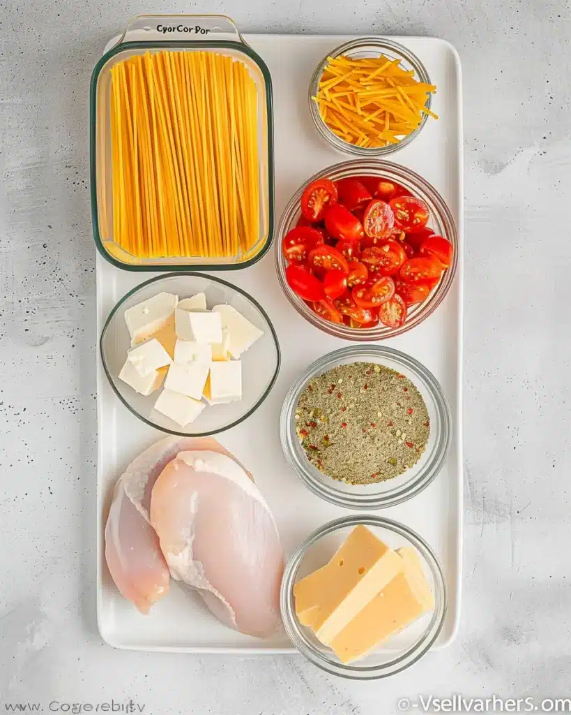 CrockPot Cheesy Chicken Spaghetti Recipe (Easy & Creamy) 7 Top-down view of ingredients for CrockPot Cheesy Chicken Spaghetti, including raw chicken, spaghetti, Velveeta, Rotel, and shredded cheese