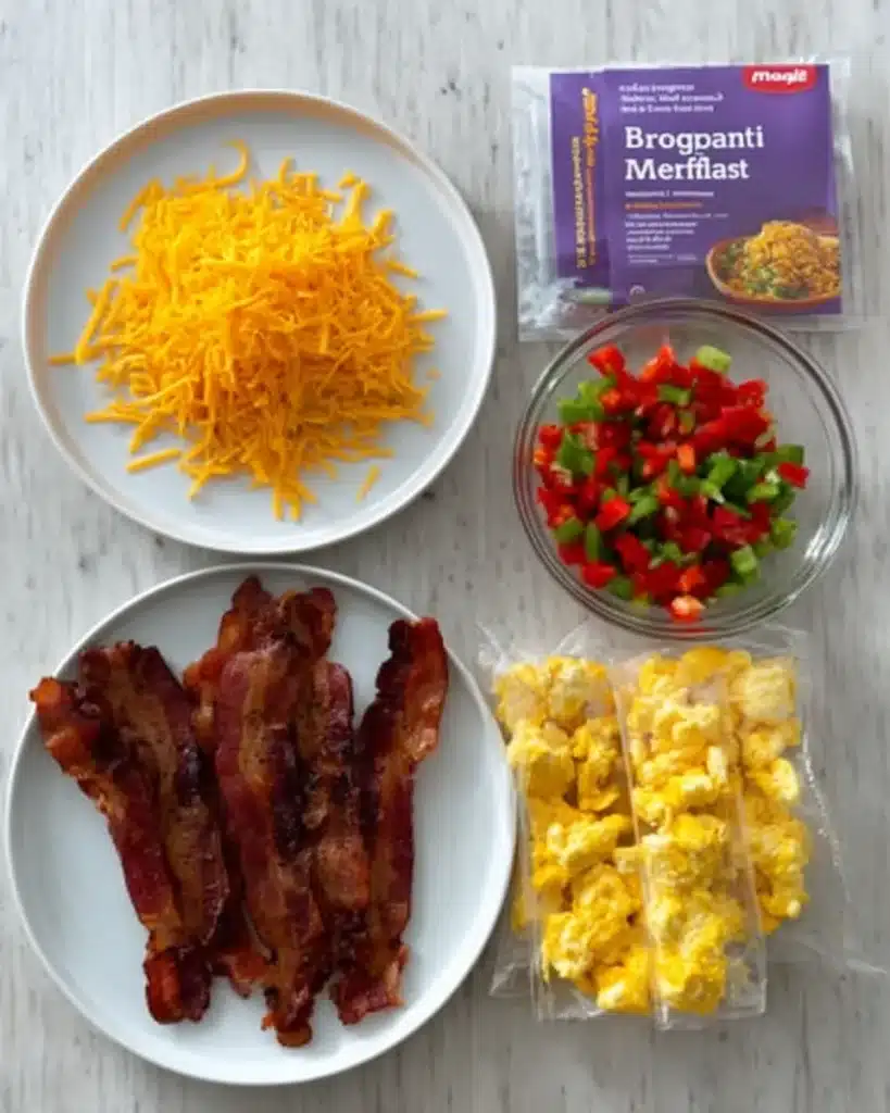 Essential Ingredients for Irresistible Egg and Cheese Breakfast Roll-Ups with Bacon 5 Breakfast roll-up ingredients including bacon, scrambled eggs, shredded cheddar, peppers, and egg roll wrappers on a prep surface.