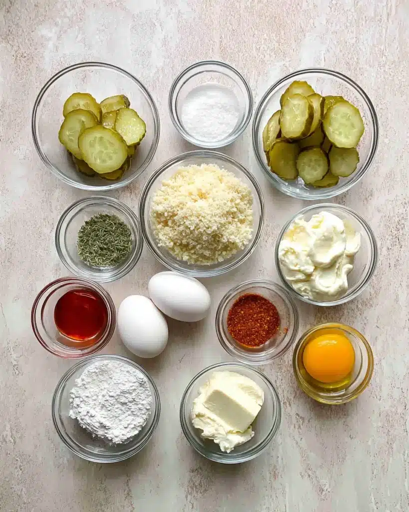 Ingredients for air fryer fried pickles laid out in glass bowls on a clean surface, including eggs, pickles, mayo, and spices.
