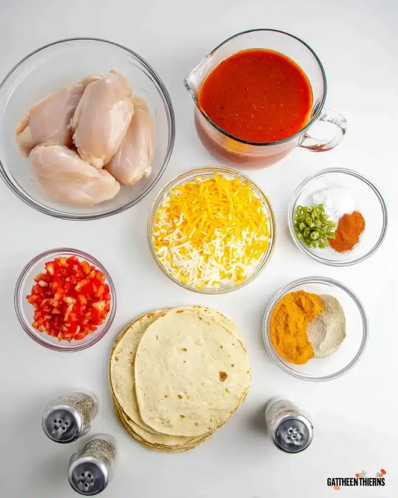 Slow Cooker Chicken Enchilada Casserole: Easy, Cheesy Comfort 7 Top-down view of raw ingredients for slow cooker chicken enchilada casserole including chicken, cheese, tortillas, sauce, and seasonings