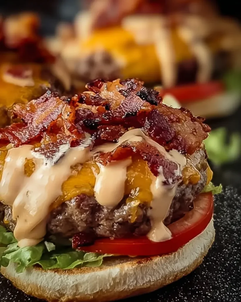 Crack Burgers (The Ultimate Juiciest Bacon-Cheddar Burger Recipe) 7 Crack burger with cheddar cheese, bacon, and creamy sauce on a toasted bun