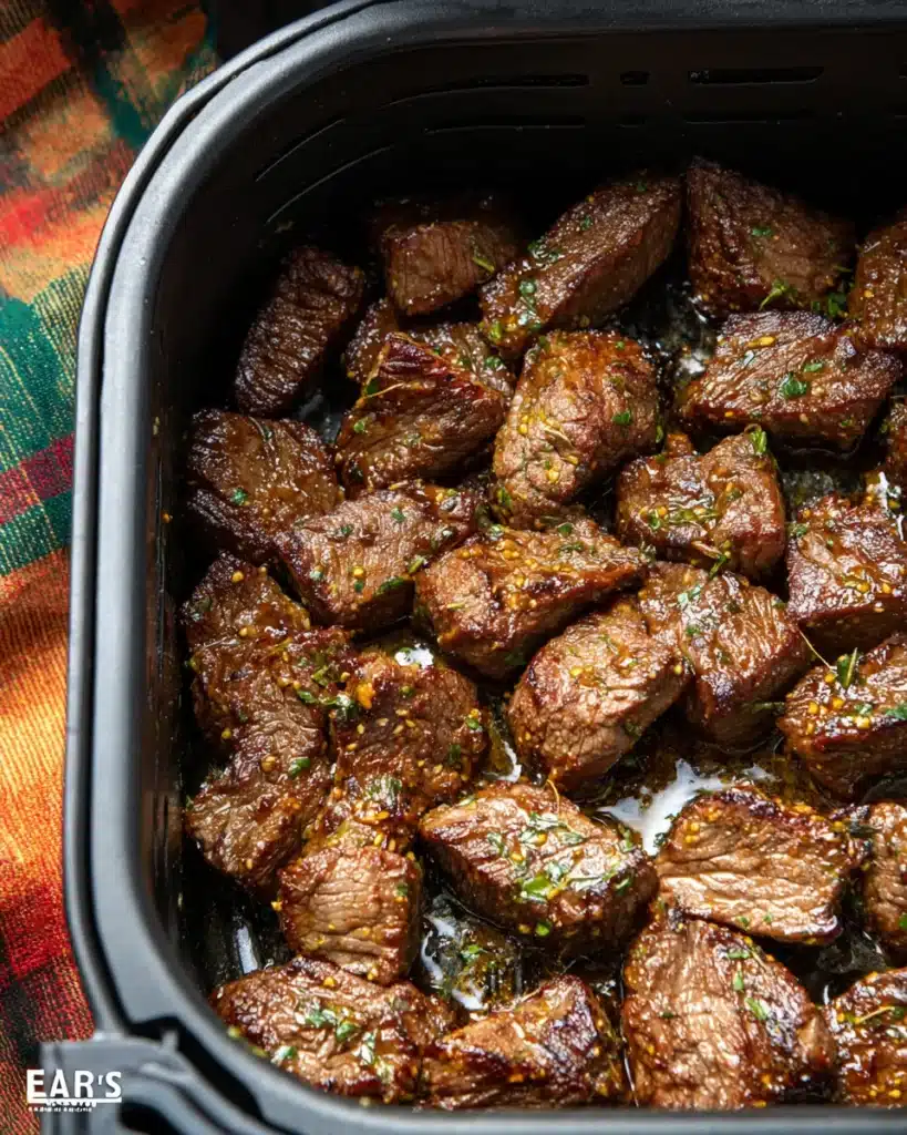 Air fryer garlic butter steak bites with crispy seared edges and garlic herb butter glaze