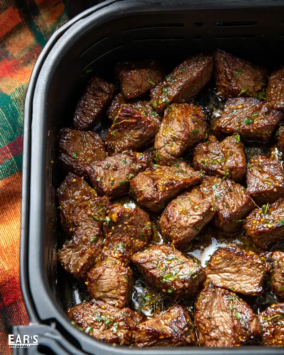 Air fryer garlic butter steak bites with crispy seared edges and garlic herb butter glaze