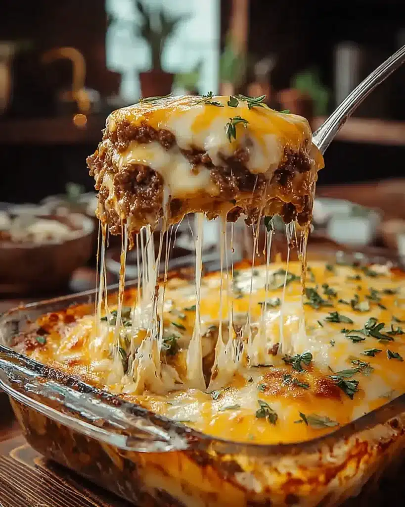 Sliced ground beef casserole with golden melted cheese and fresh herbs being lifted from baking dish.