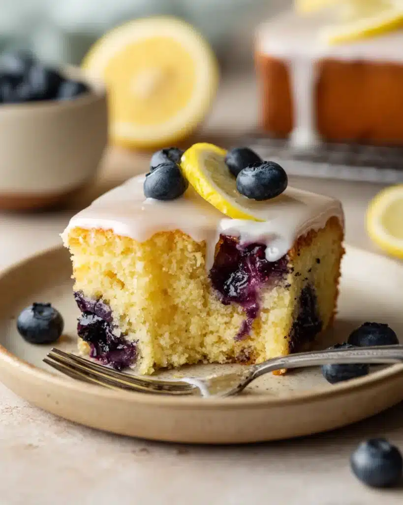 Lemon Blueberry Sheet Cake That Tastes Like Summer 10 Partially eaten lemon blueberry sheet cake slice showing moist crumb and blueberry base