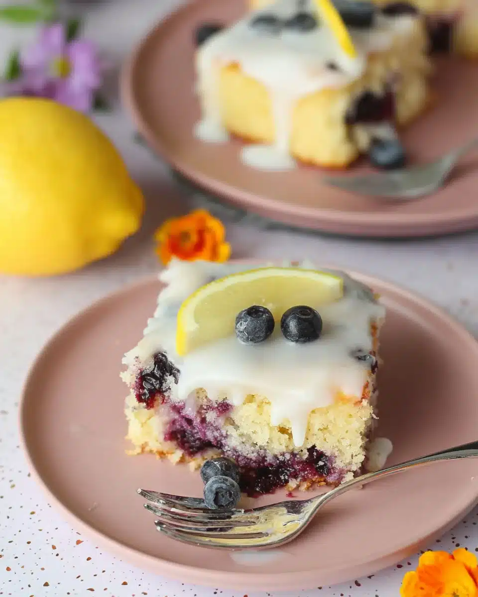 Close-up of lemon blueberry sheet cake with lemon glaze and fresh blueberry garnish on a plate