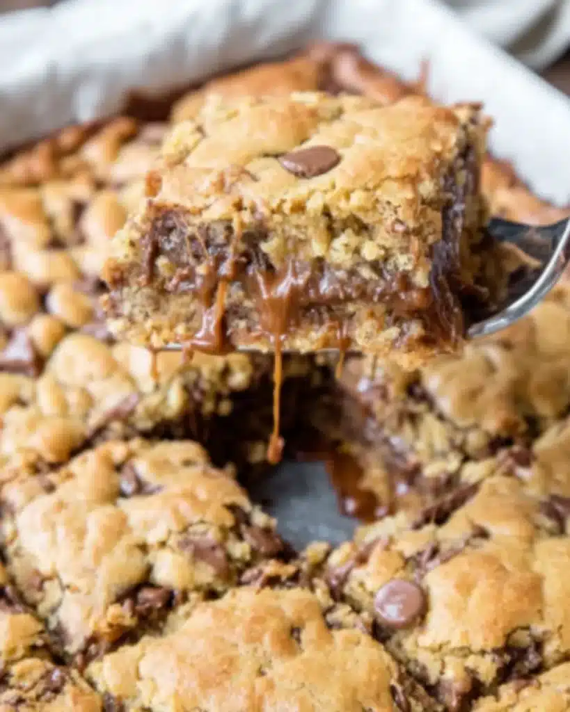 Gooey chocolate chip and caramel dessert bar being lifted from a pan, showing stretchy caramel and golden baked top

