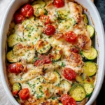 Baked Mediterranean chicken zucchini casserole with melted cheese, tomatoes, and herbs in a white dish