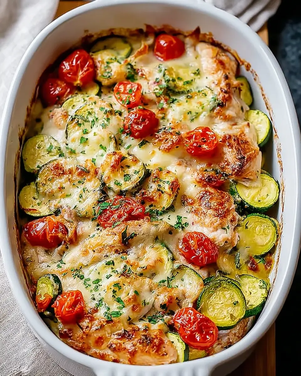 Baked Mediterranean chicken zucchini casserole with melted cheese, tomatoes, and herbs in a white dish