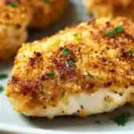Melt In Your Mouth Chicken Breast Recipe (Easy & Juicy!) 9 Juicy baked chicken breast with golden Parmesan crust and fresh herb garnish on a rustic plate