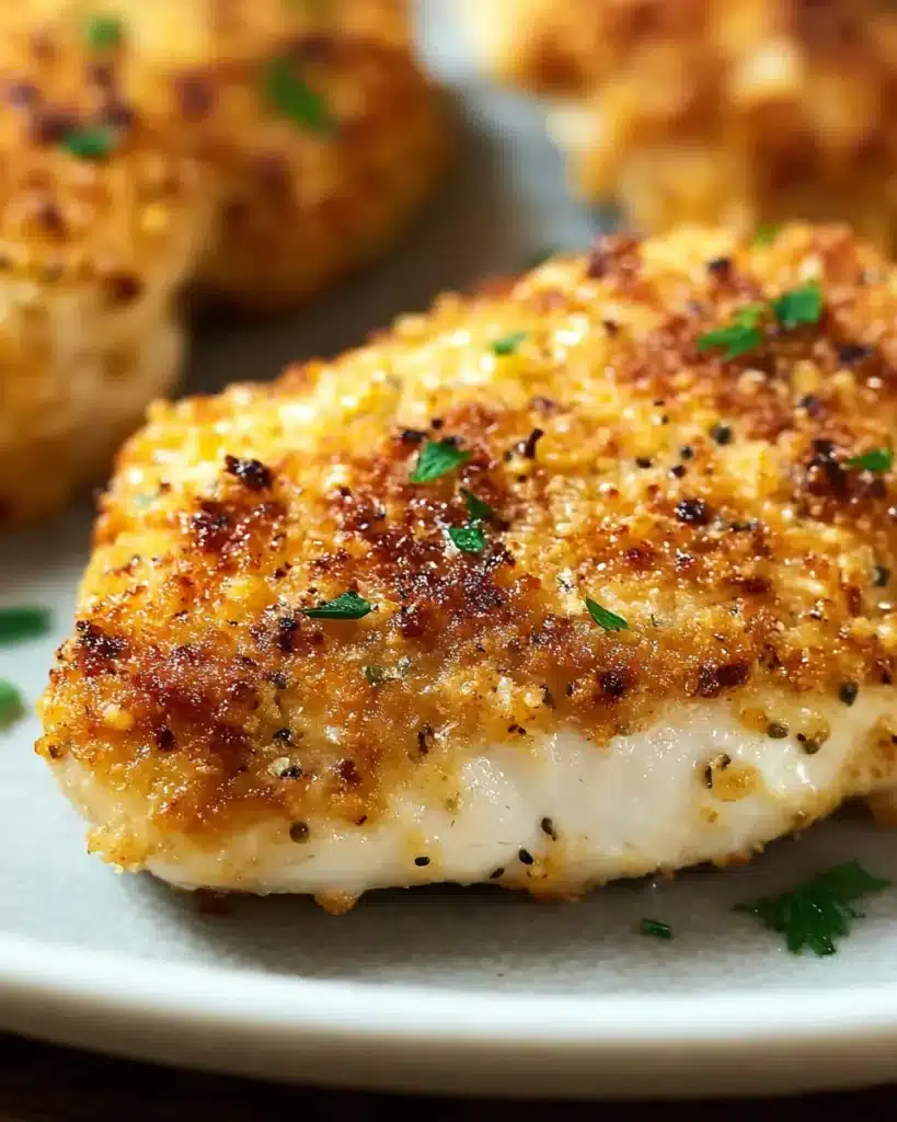 Juicy baked chicken breast with golden Parmesan crust and fresh herb garnish on a rustic plate