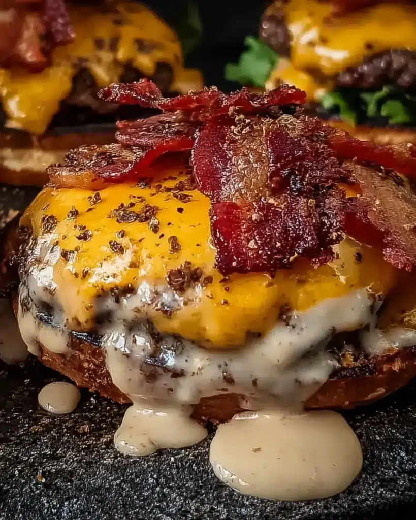 Crack Burgers (The Ultimate Juiciest Bacon-Cheddar Burger Recipe) 8 Crack burger with melted cheddar, crispy bacon, and creamy pepper sauce