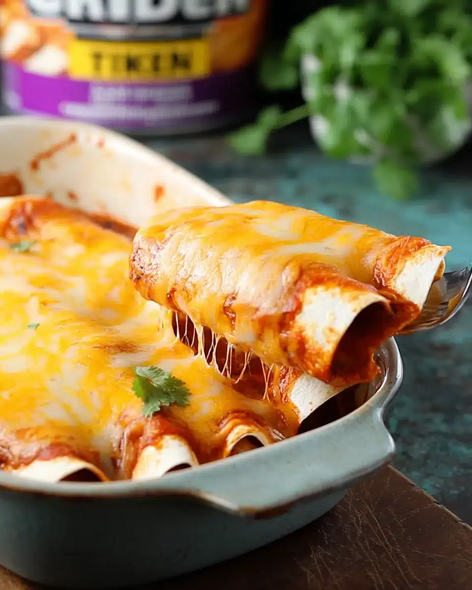 Cheesy beef enchiladas with melted cheese being lifted from a baking dish.
