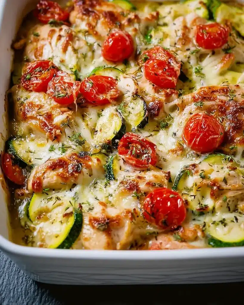 Close-up of Mediterranean chicken zucchini bake with golden cheese, roasted tomatoes, and zucchini
