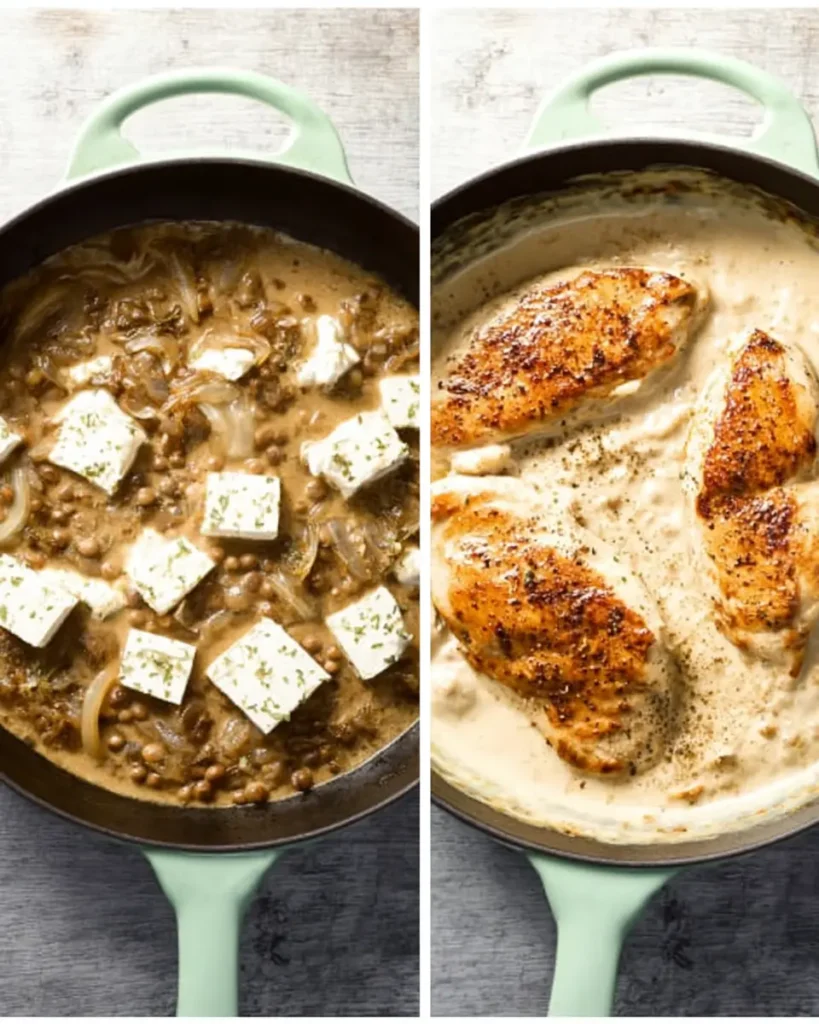 Cream Cheese Chicken (Easy & Creamy One-Skillet Dinner) 10 Side-by-side skillet images showing cream cheese melting into broth with onions, and final creamy chicken in garlic-herb sauce.