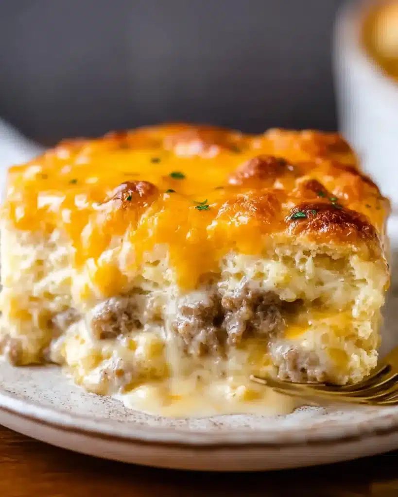 Biscuits and Gravy Breakfast Casserole – Easy & Hearty Recipe 6 Biscuits and gravy breakfast casserole slice with melted cheddar and creamy sausage filling