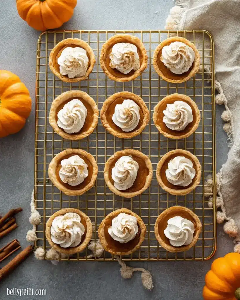 Mini Pumpkin Pies (Perfectly Spiced & Bite-Sized for the Holidays) 10 Top-down view of mini pumpkin pies with whipped cream on cooling rack and fall decorations