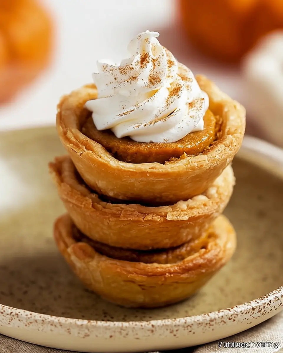 Stacked mini pumpkin pies with whipped cream on top, golden crust, and rustic plate