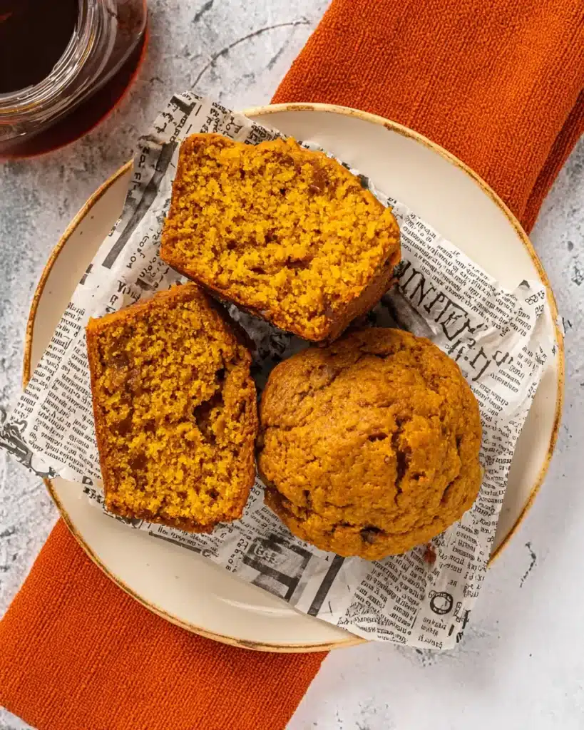 Easy Pumpkin Muffins (One-Bowl Fall Favorite!) 11 Sliced easy pumpkin muffin showing moist crumb on a plate with parchment paper and fall napkin.