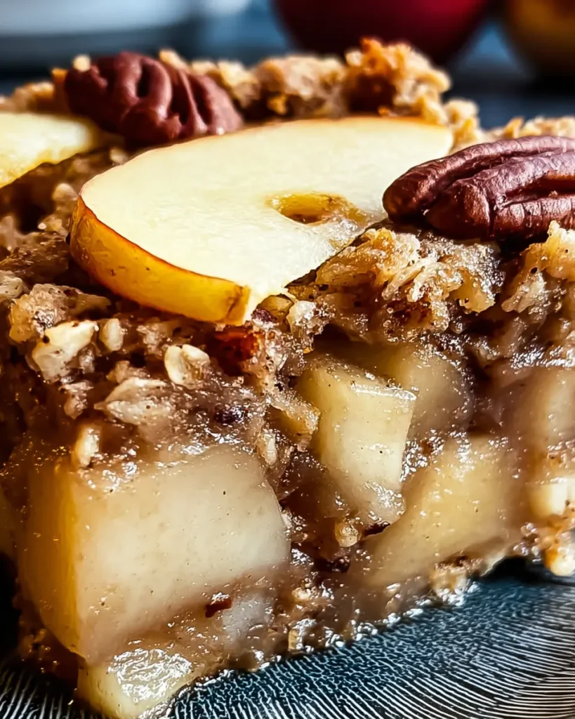 Oatmeal Apple Breakfast Bake – Cozy, Customizable & Meal Prep Friendly 7 Close-up of a slice of oatmeal apple breakfast bake showing tender apple chunks, oat crumble, and glossy cinnamon glaze