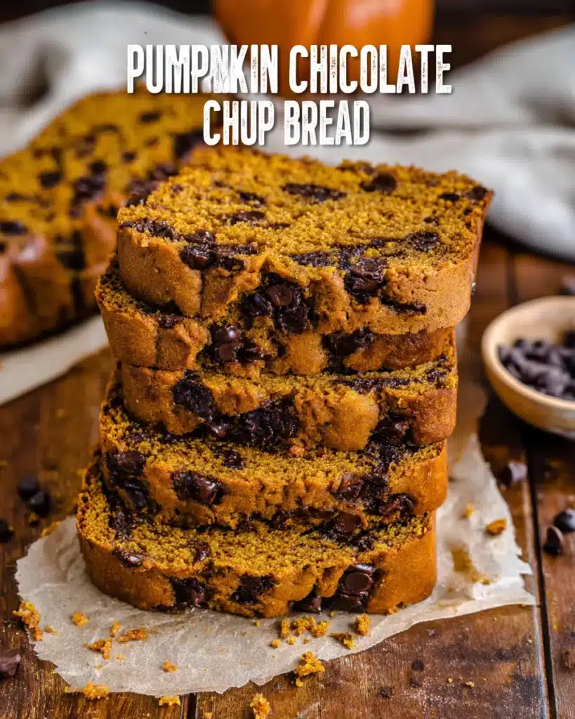 Stacked slices of pumpkin chocolate chip bread with melted chocolate chips on parchment