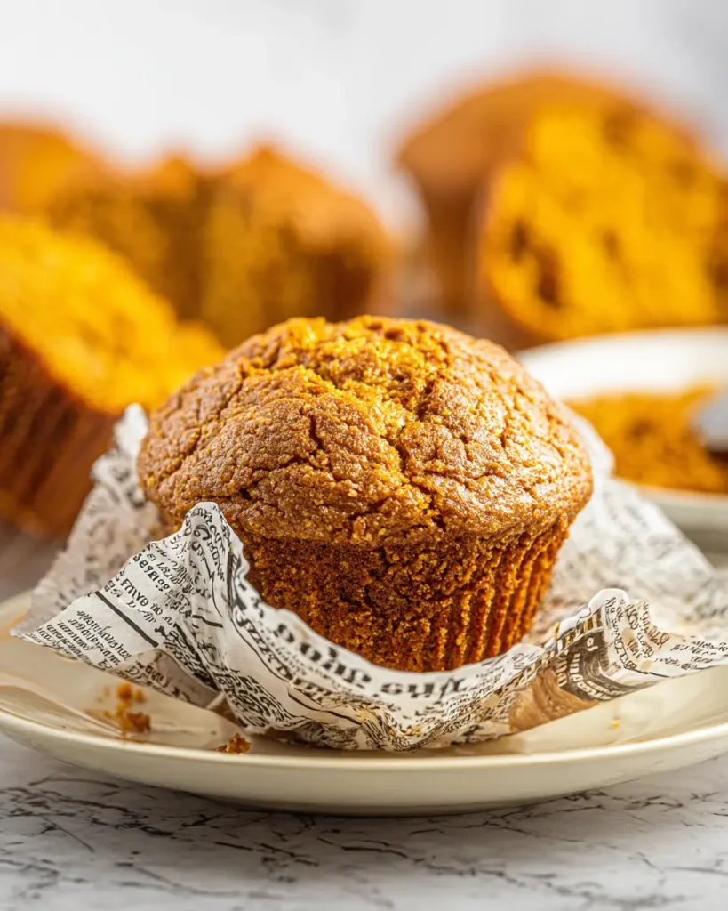 Easy Pumpkin Muffins (One-Bowl Fall Favorite!) 10 Close-up of a freshly baked easy pumpkin muffin on a plate, unwrapped from parchment with a soft, golden crumb.