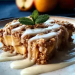 Oatmeal Apple Breakfast Bake – Cozy, Customizable & Meal Prep Friendly 9 Slice of oatmeal apple breakfast bake topped with creamy vanilla glaze and powdered sugar, garnished with mint leaves on a white plate