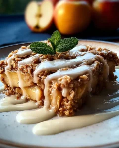 Slice of oatmeal apple breakfast bake topped with creamy vanilla glaze and powdered sugar, garnished with mint leaves on a white plate