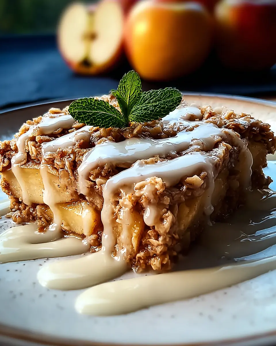 Slice of oatmeal apple breakfast bake topped with creamy vanilla glaze and powdered sugar, garnished with mint leaves on a white plate