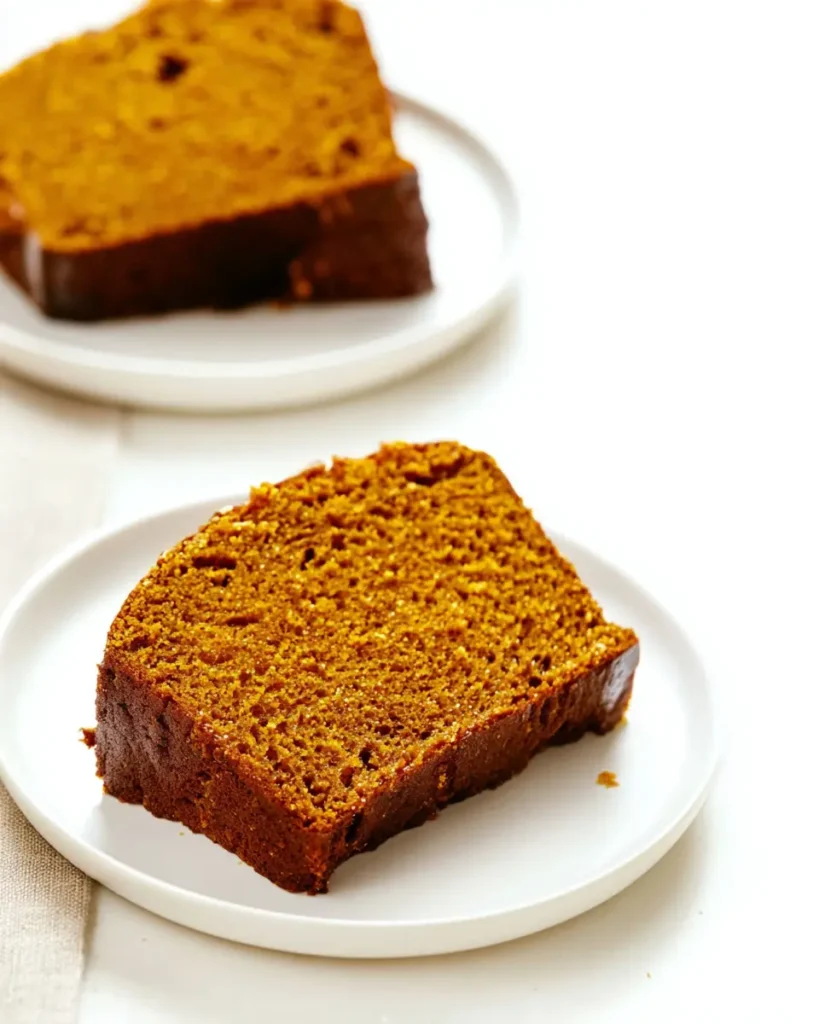 Pumpkin Muffins – Soft, Spiced, and Perfect Every Time 11 Slice of pumpkin bread on a white plate showing moist texture and rich spiced crumb