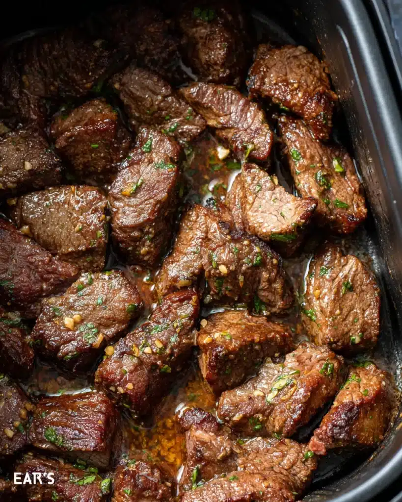 Close-up of juicy air fryer garlic butter steak bites with crispy edges and melted butter

