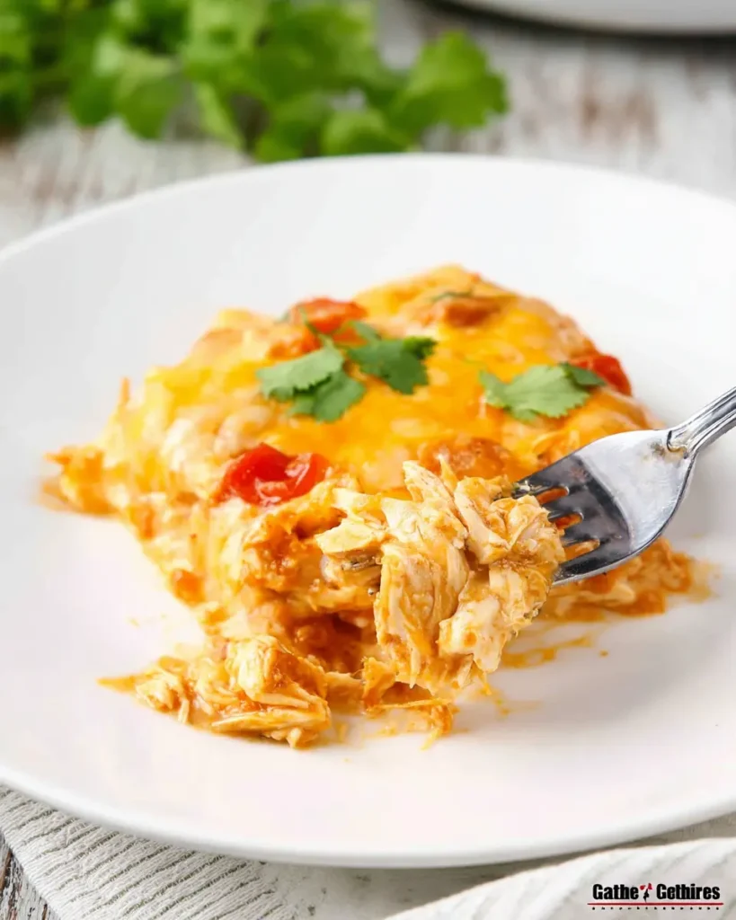 Slow Cooker Chicken Enchilada Casserole: Easy, Cheesy Comfort 8 Serving of slow cooker chicken enchilada casserole on a plate with melted cheese and fork