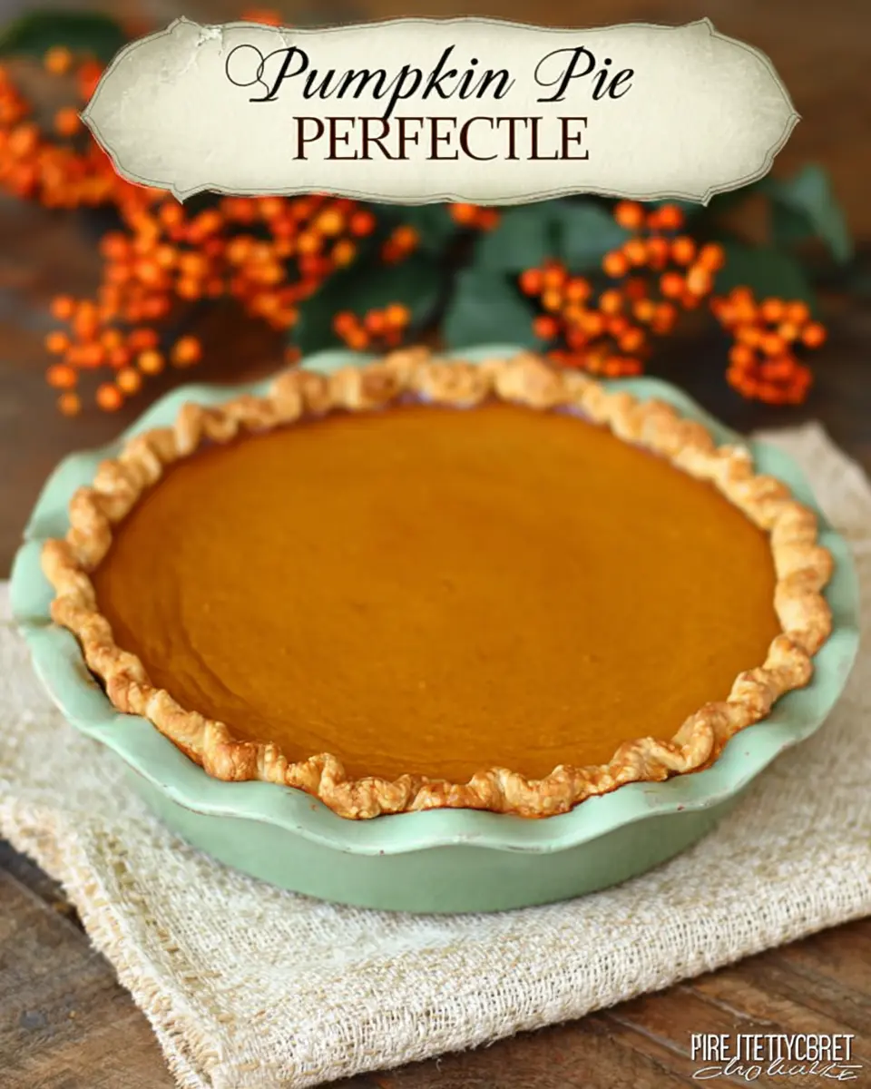 Rustic homemade pumpkin pie with golden crust in green dish on fall-themed fabric background